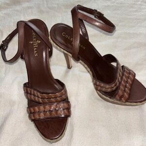 Cole Haan Women Brown‎ Braided Leather Double Strap Sandals Heels Size 8.5B